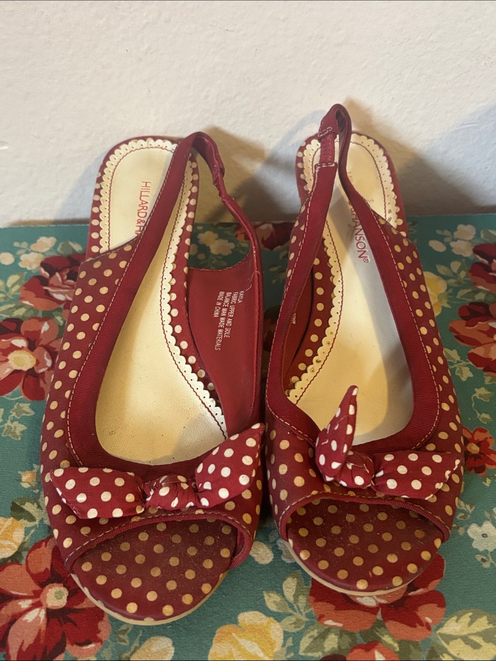 Woman’s Red and White Polka Dot Peep Toe Sling Back Wedge Sandals, Size 7